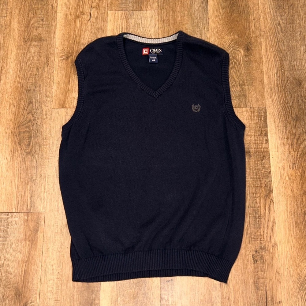 Chaps Mens Navy Blue V-Neck Sweater Vest 100% Cotton Large Logo Preppy Classic